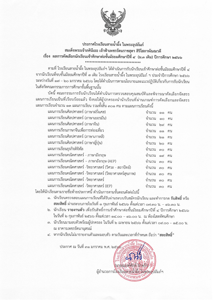 ประกาศ ผลการคัดเลือกนักเรียน ชั้นมัธยมศึกษาปีที่ 4 จาก ม.3 เดิม ผอ.ลงนาม page 0001